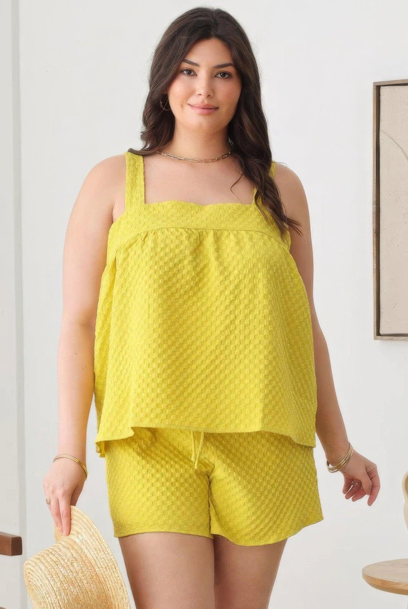 Women's Shorts Plus Size Textured Top Elastic Waist Short Sets - Yellow