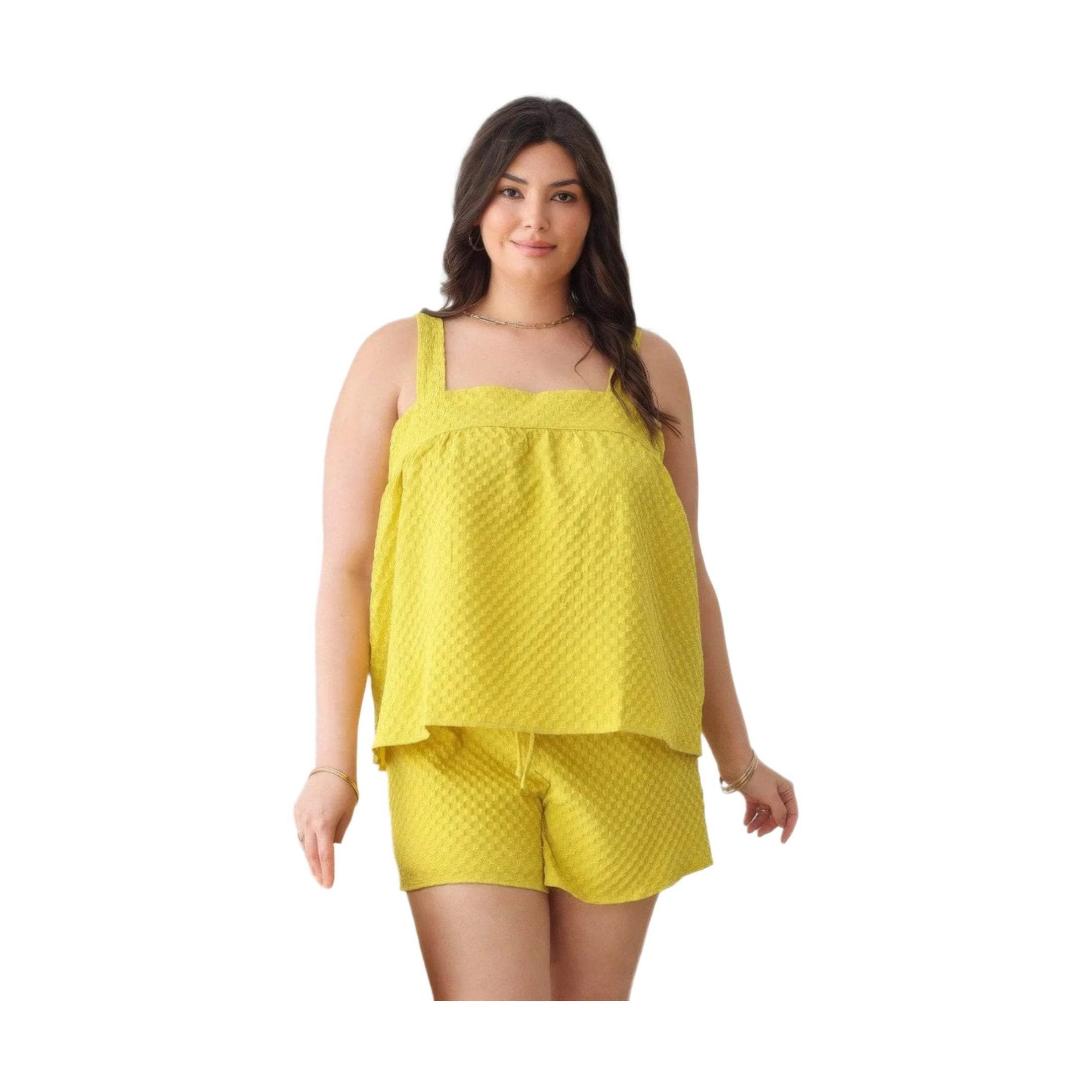 Plus Size Textured Top Elastic Waist Short Sets - Yellow - VacationGrabs
