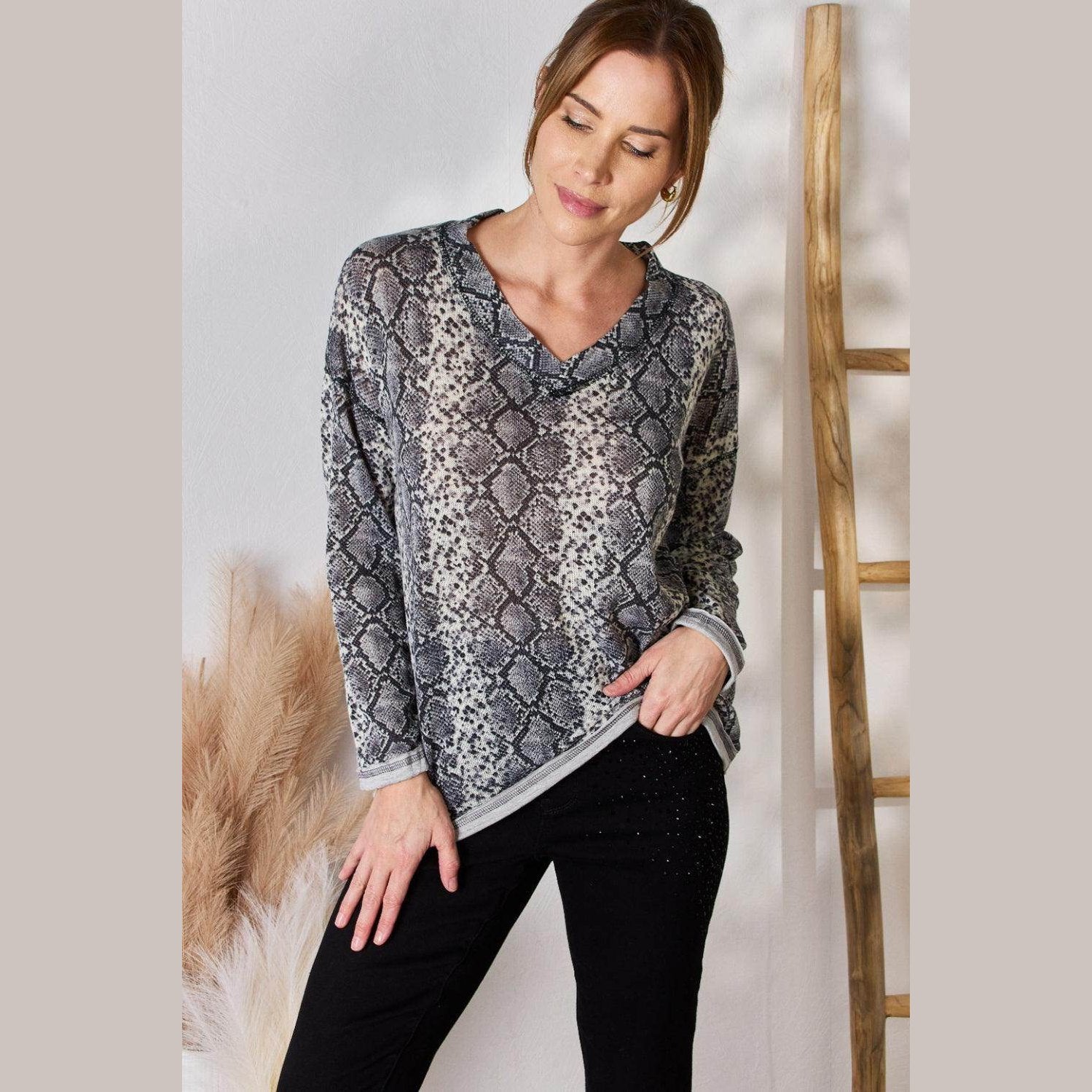Hailey & Co Full Size Snakeskin V-Neck Long Sleeve Top - VacationGrabs