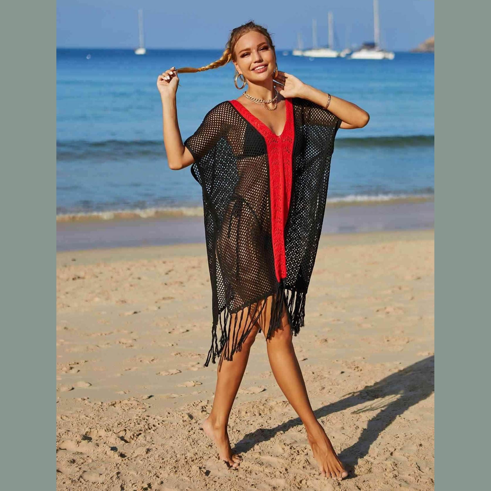 Contrast Fringe Trim Openwork Cover-Up Dress - VacationGrabs