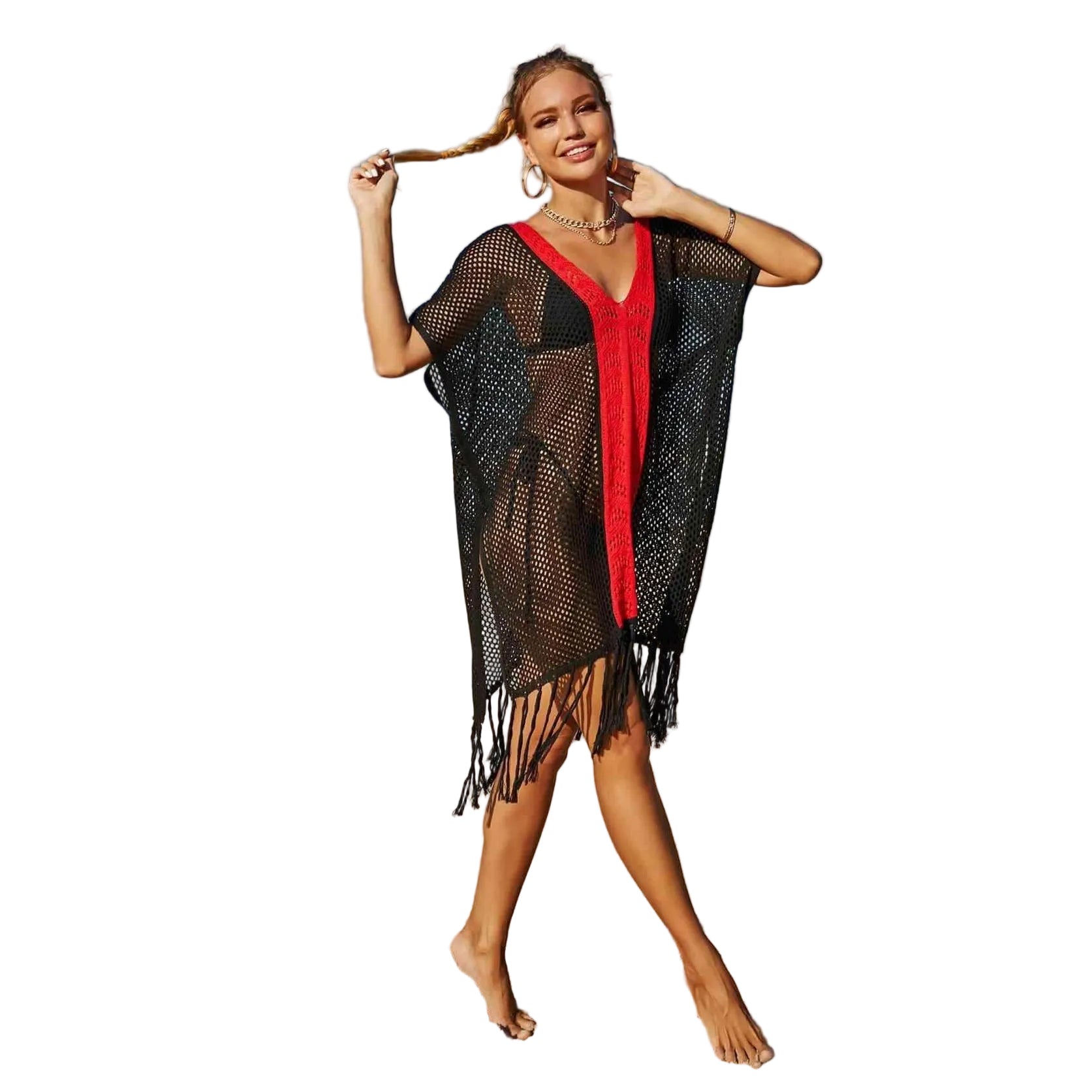 Contrast Fringe Trim Openwork Cover-Up Dress - VacationGrabs