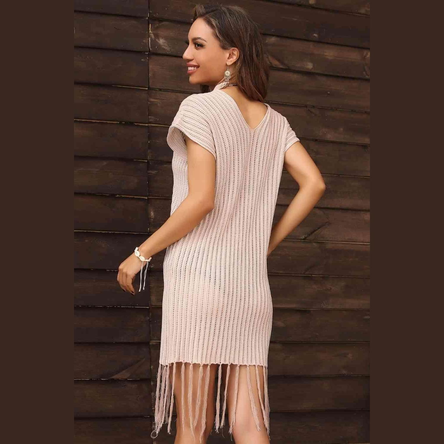 Fringe Hem Short Sleeve Deep V Cover Up Dress - VacationGrabs
