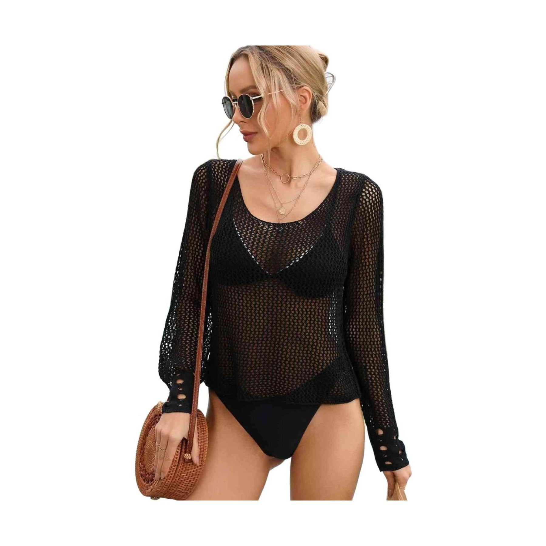 Openwork Scoop Neck Long Sleeve Cover-Up - VacationGrabs