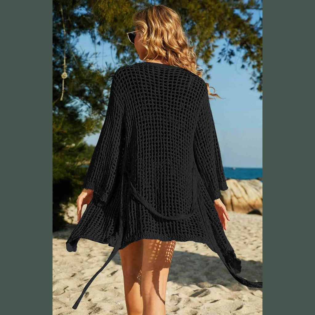 Tie-Waist Openwork Crochet Cover Up - VacationGrabs