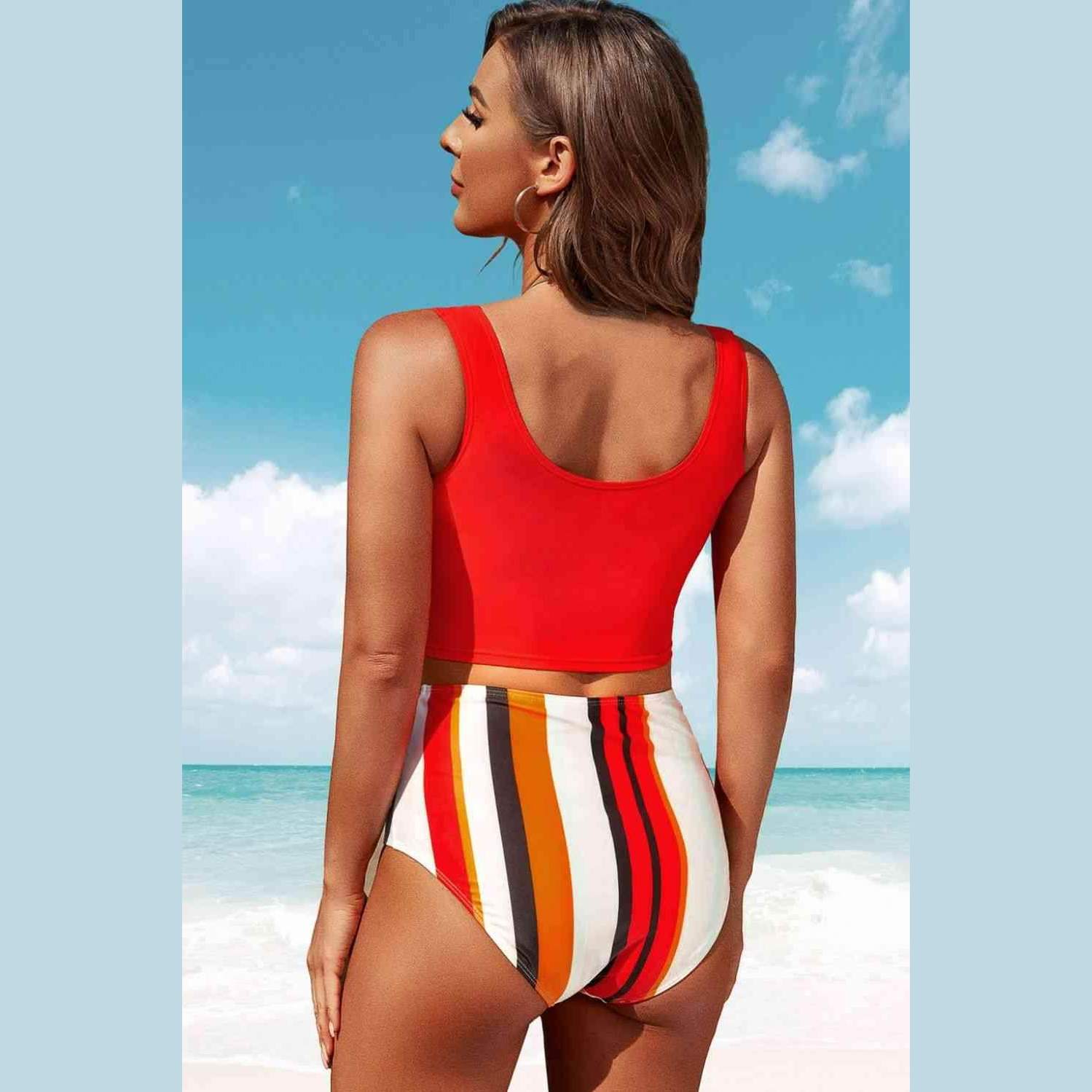 Half Snap Square Neck Tankini Set - VacationGrabs