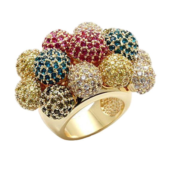 AAA crystal brass cocktail ring featuring a colorful cluster of sparkling stones in various sizes