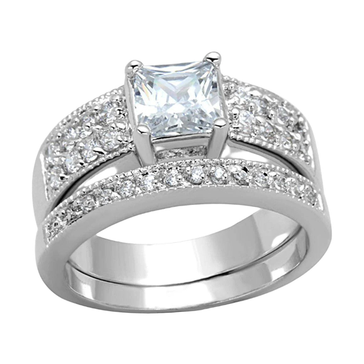Stunning AAA grade cubic zirconia ring for women featuring a princess cut center stone and sparkling accents