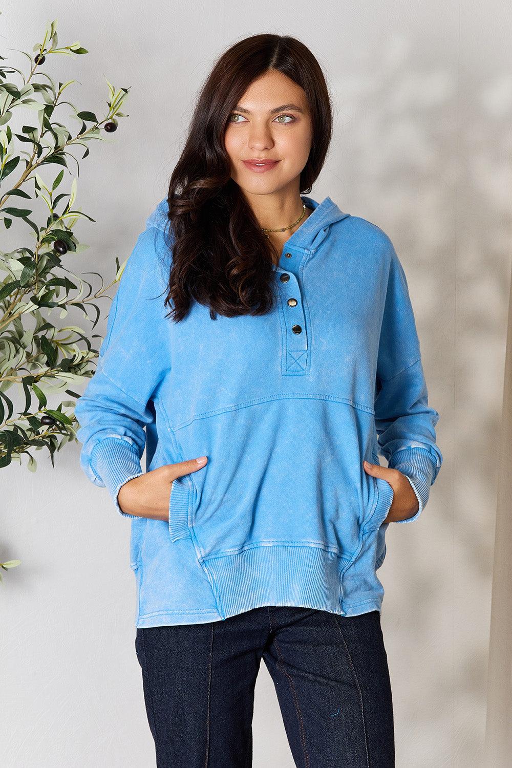 Women's Sweatshirts & Hoodies Zenana Half Snap Long Sleeve Hoodie with Pockets