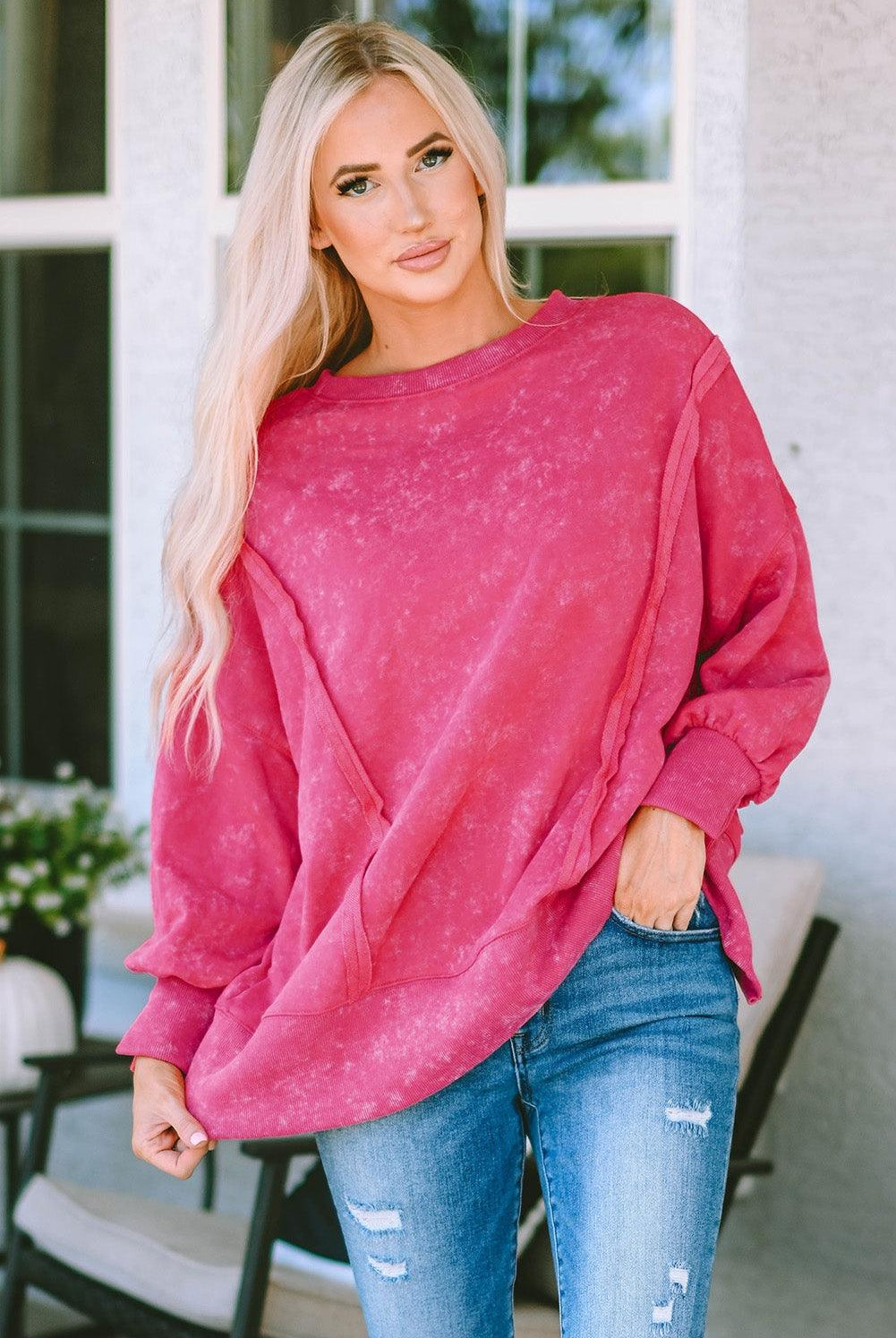 Women's Sweatshirts & Hoodies Acid Wash Round Neck Seam Detail Slit Sweatshirt