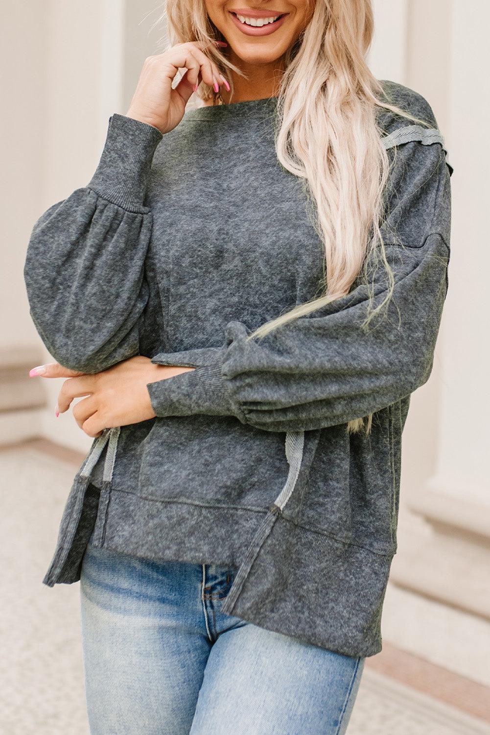 Women's Sweatshirts & Hoodies Acid Wash Round Neck Seam Detail Slit Sweatshirt