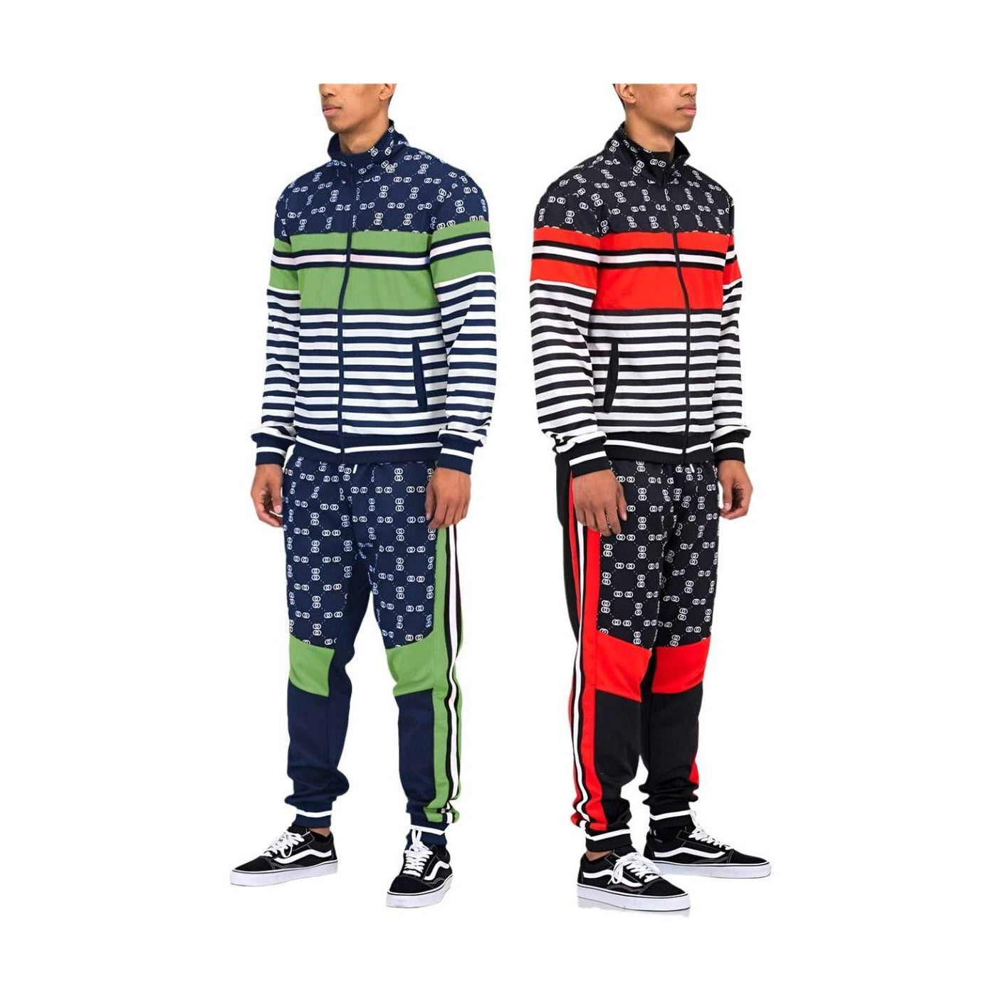 Men's 2PC Track Sets with Striped Activewear Jacket and Pants in Navy and Green or Black and Red