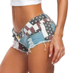 American flag denim shorts for women featuring a stylish distressed design and a comfortable fit