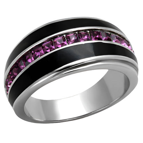 Stylish amethyst crystal rings for women featuring black enamel and silver accents