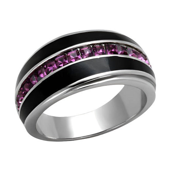 Stylish amethyst crystal rings for women featuring black enamel and silver accents