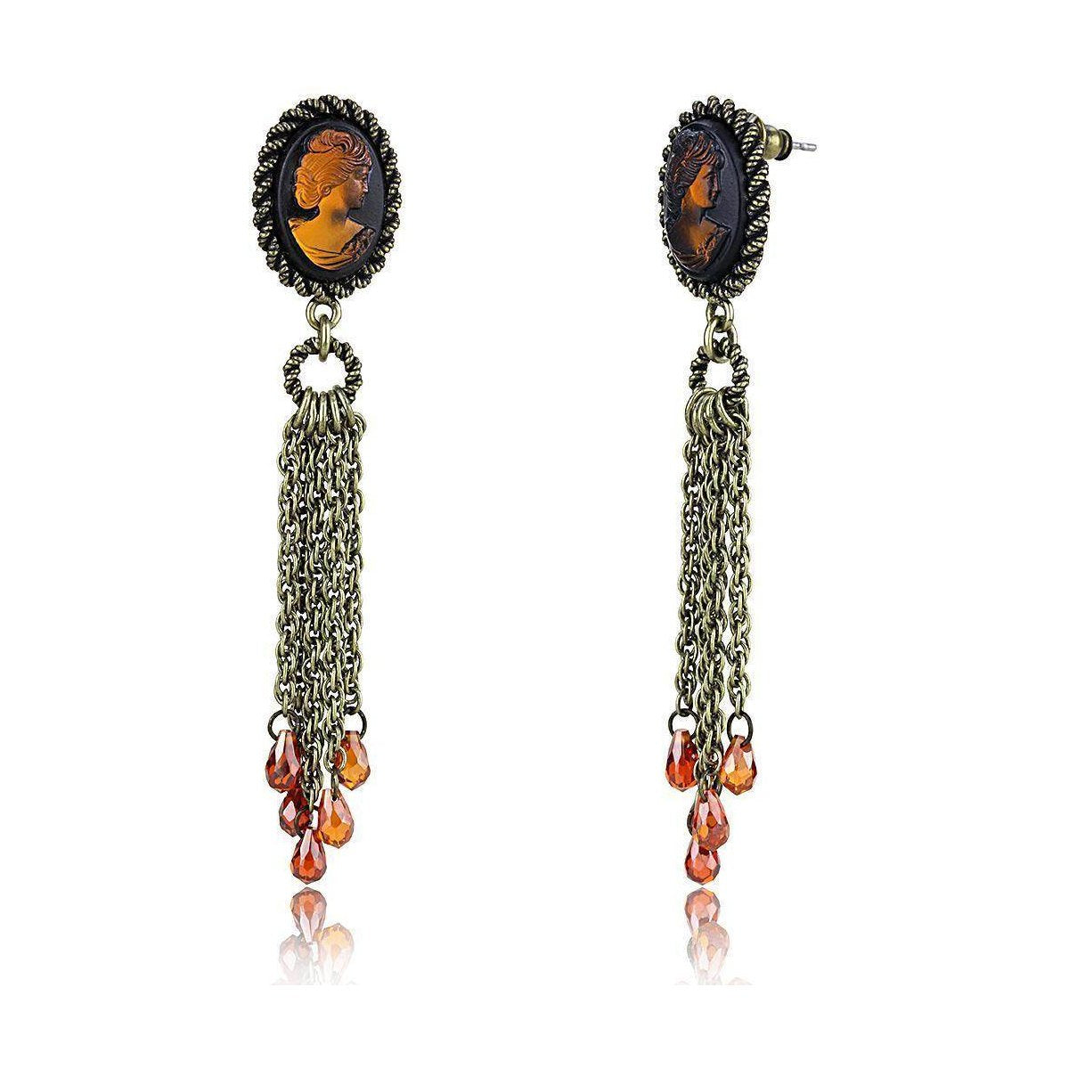 Antique copper brass earrings with a vintage cameo design and cascading orange beads