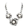 Antique silver metal necklace for women with elegant pearl flower designs
