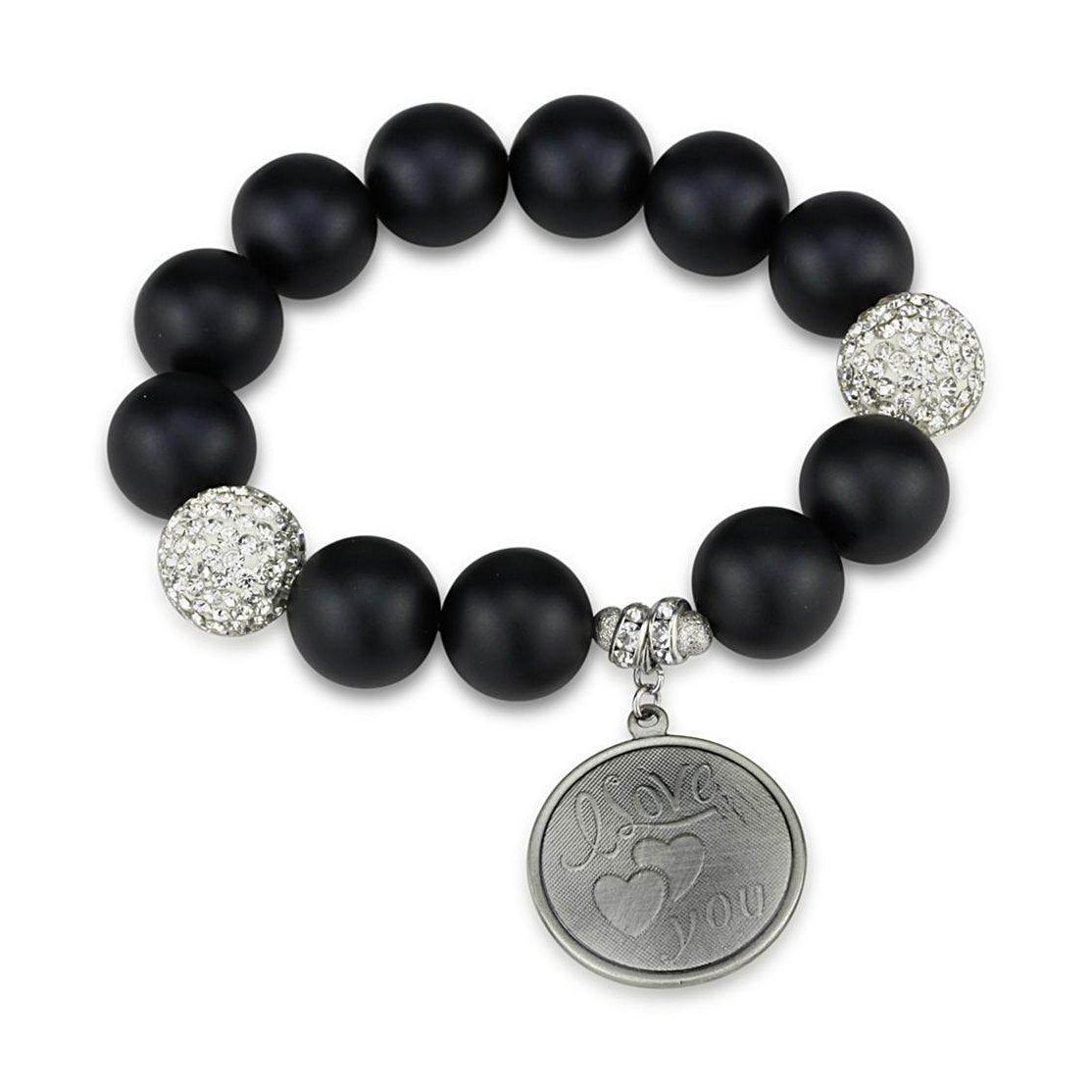 Antique silver women's bracelet with black beads and sparkling accents featuring a love charm