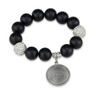 Antique silver women's bracelet with black beads and sparkling accents featuring a love charm