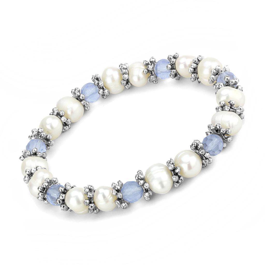 Antique silver women's bracelet featuring pearls and blue beads for elegant style