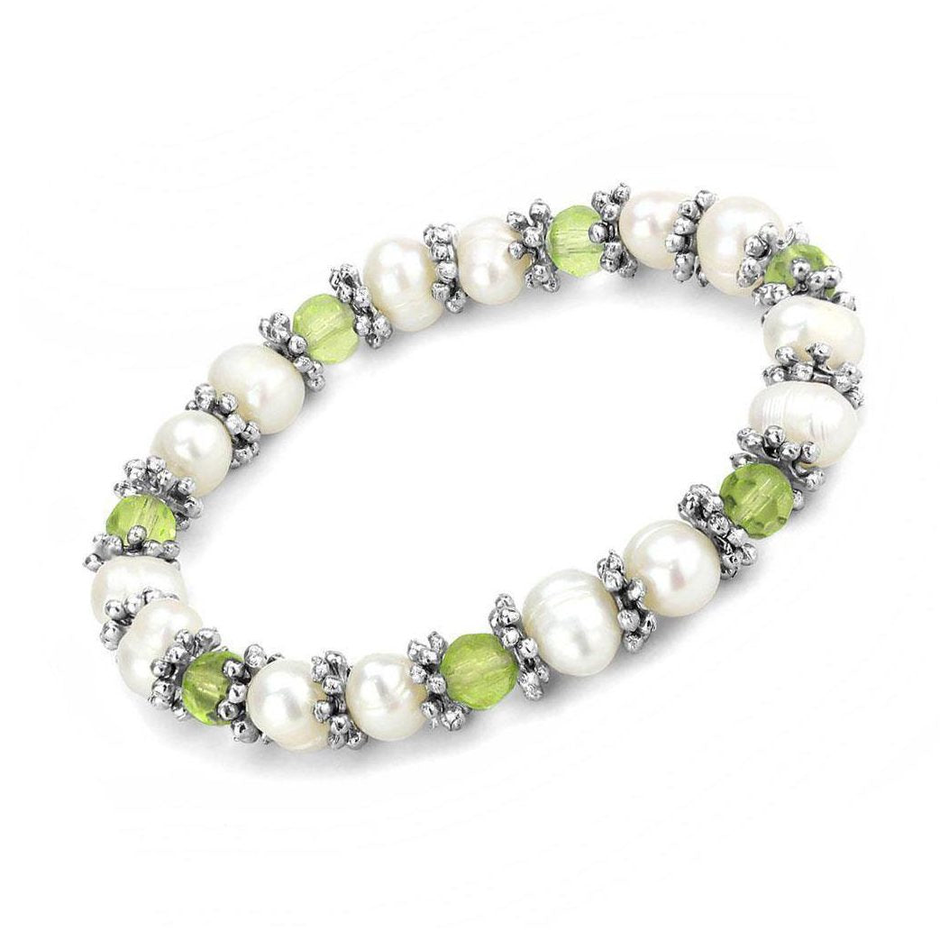 Elegant antique silver women's bracelet with white pearls and green beads for a chic look