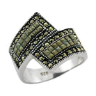 Stylish antique tone silver fashion ring embellished with sparkling stones and unique geometric design
