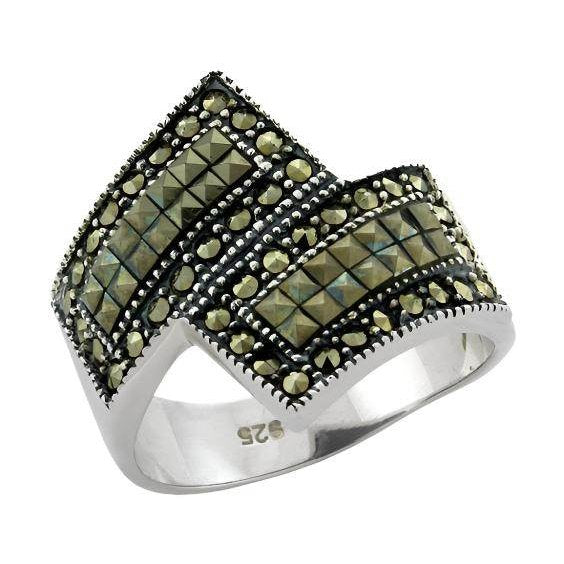 Stylish antique tone silver fashion ring embellished with sparkling stones and unique geometric design