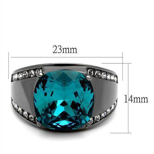 Aqua blue crystal ring featuring a large stone with sparkling accents on a sleek band