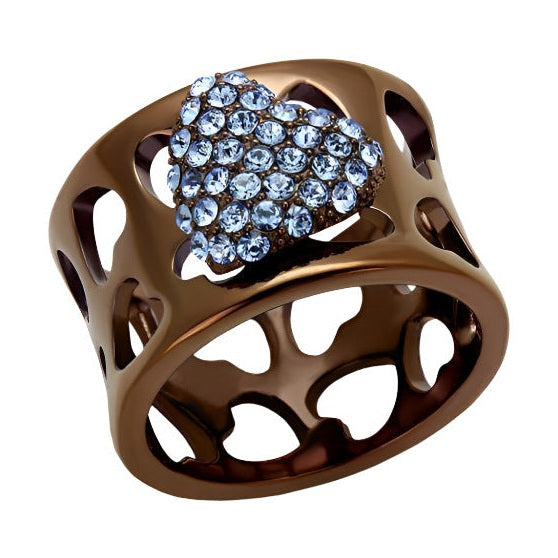 Stylish aquamarine crystal ring with a heart-shaped design and intricate cutout detailing