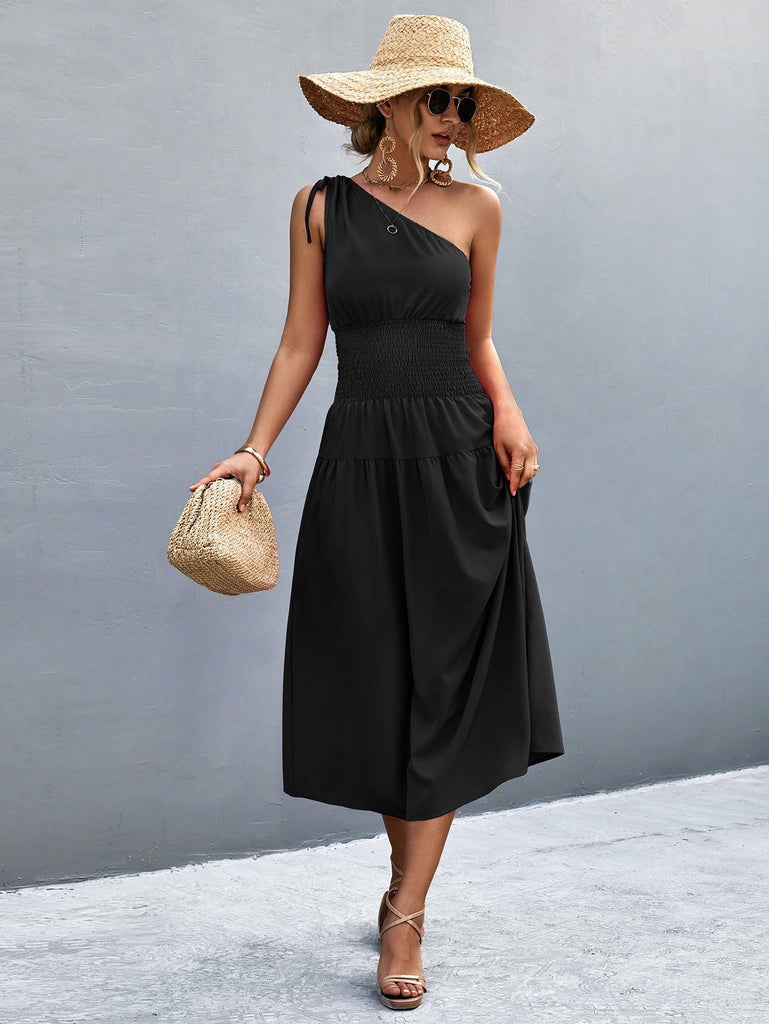 Women's Dresses Asymmetrical One Shoulder Smocked Waist Midi Dress