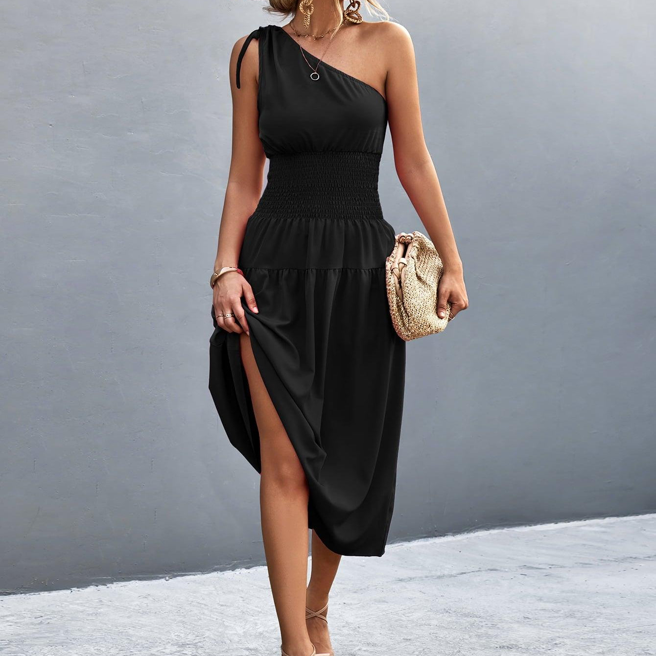 Women's Dresses Asymmetrical One Shoulder Smocked Waist Midi Dress
