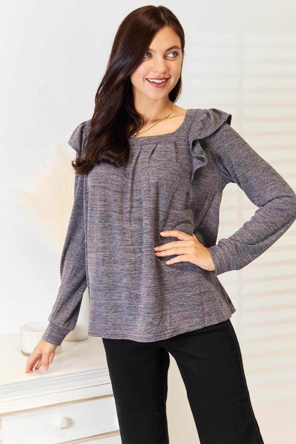 Double Take Square Neck Ruffle Shoulder Long Sleeve T-Shirt - VacationGrabs