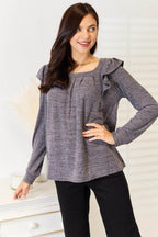 Double Take Square Neck Ruffle Shoulder Long Sleeve T-Shirt - VacationGrabs
