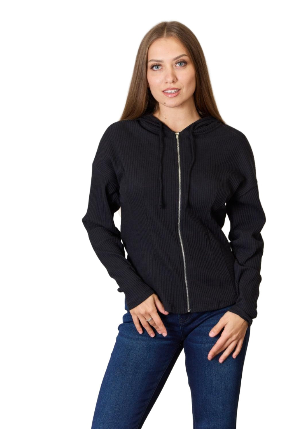 Women's Coats & Jackets Culture Code Full Size Ribbed Zip Up Drawstring Hooded Jacket