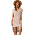Fringe Hem Short Sleeve Deep V Cover Up Dress - VacationGrabs