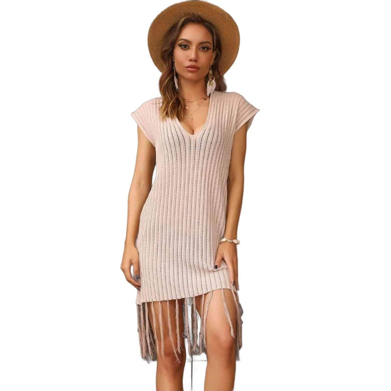 Fringe Hem Short Sleeve Deep V Cover Up Dress - VacationGrabs