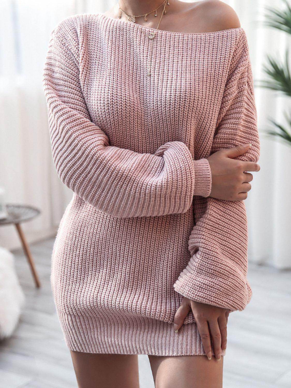 Trendsi Women's Balloon Sleeve Dress in Pink with Cozy Knit Fabric and Off-Shoulder Design