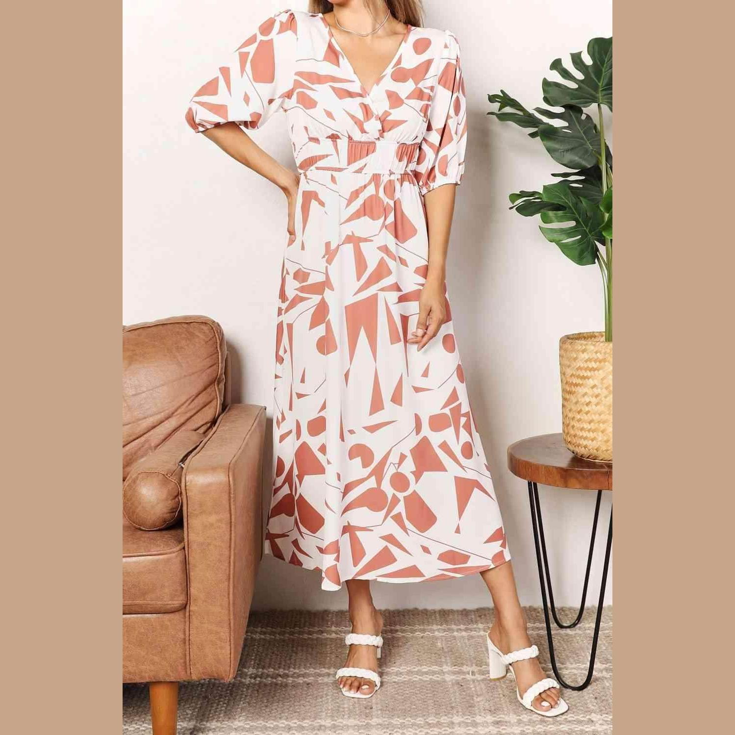 Trendsi women's balloon sleeve vacation dress with geometric print and flattering waistline