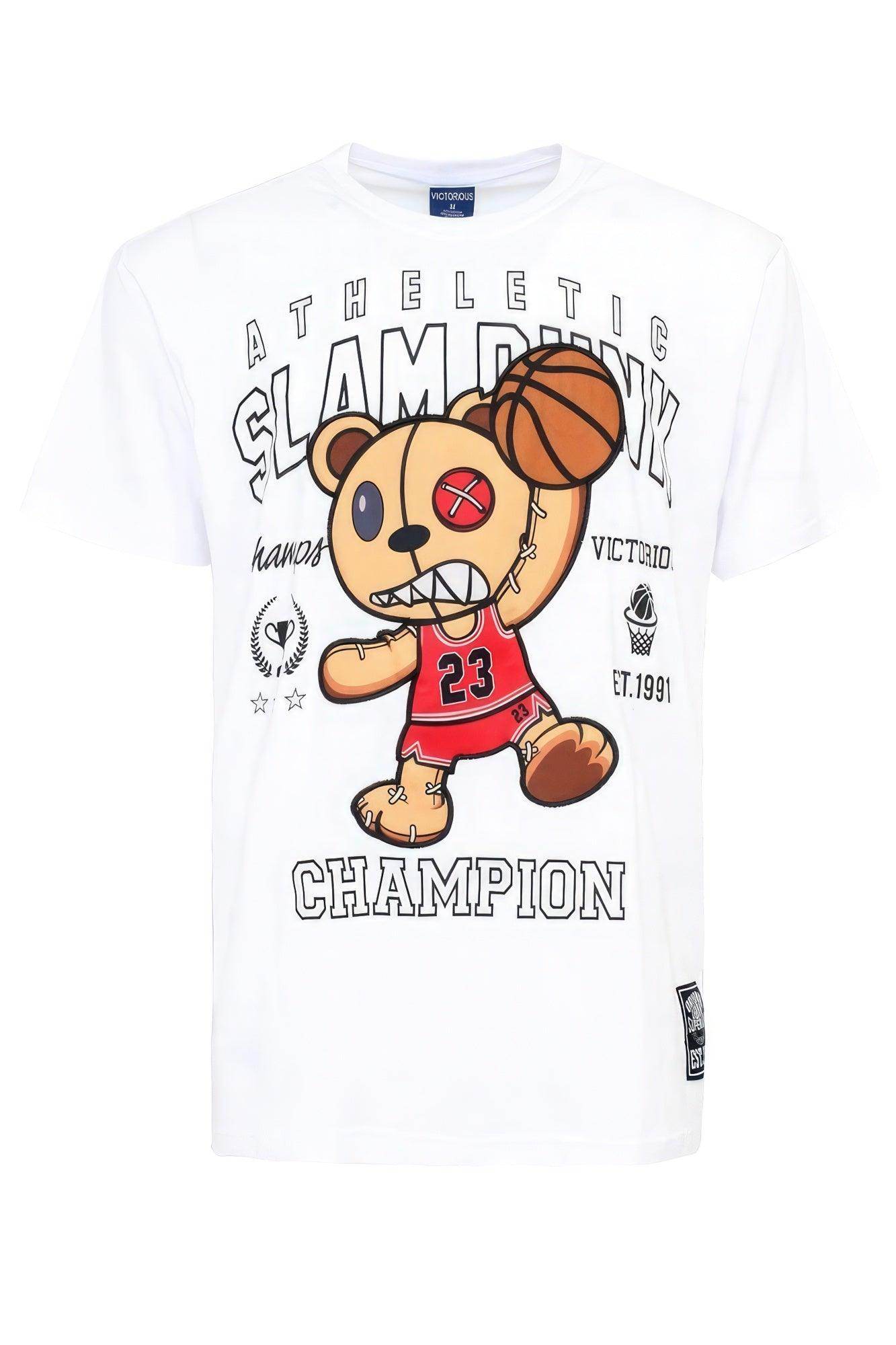 Men's basketball graphic tee featuring a cartoon bear in a red jersey with a basketball