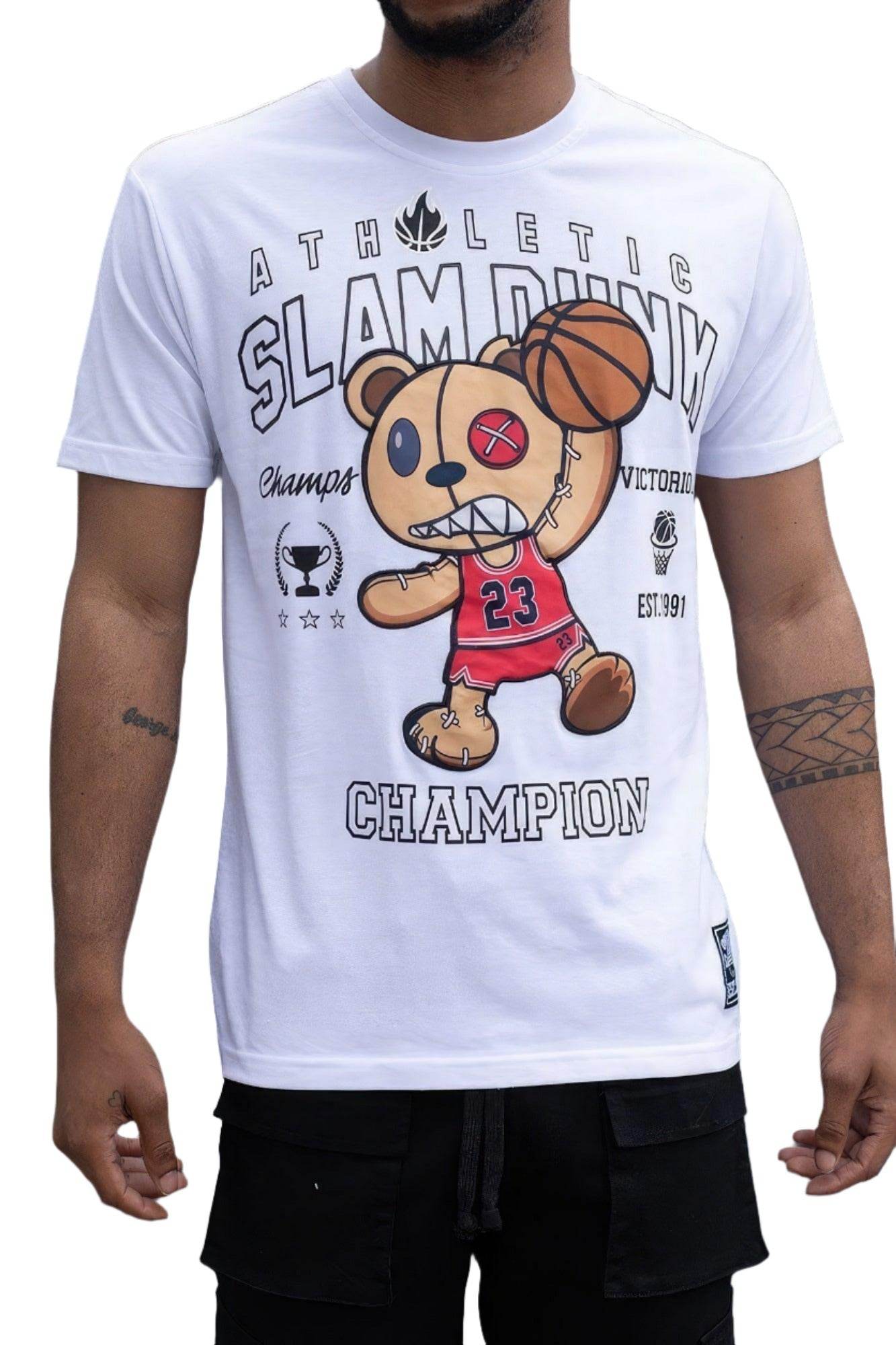 Men's basketball graphic tee featuring a bear in a red jersey with a basketball design