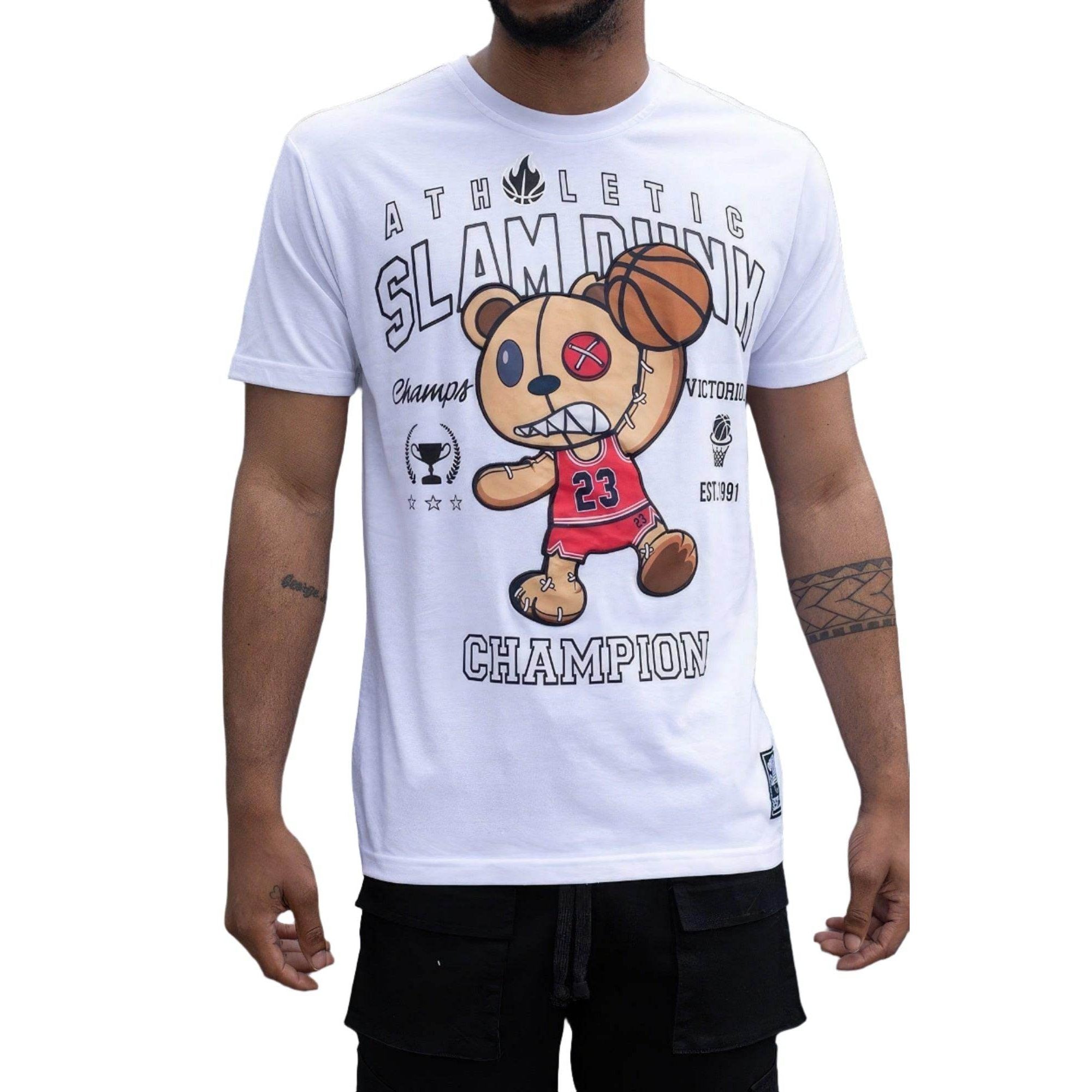Men's basketball graphic tee featuring a bear in a red jersey with a basketball design