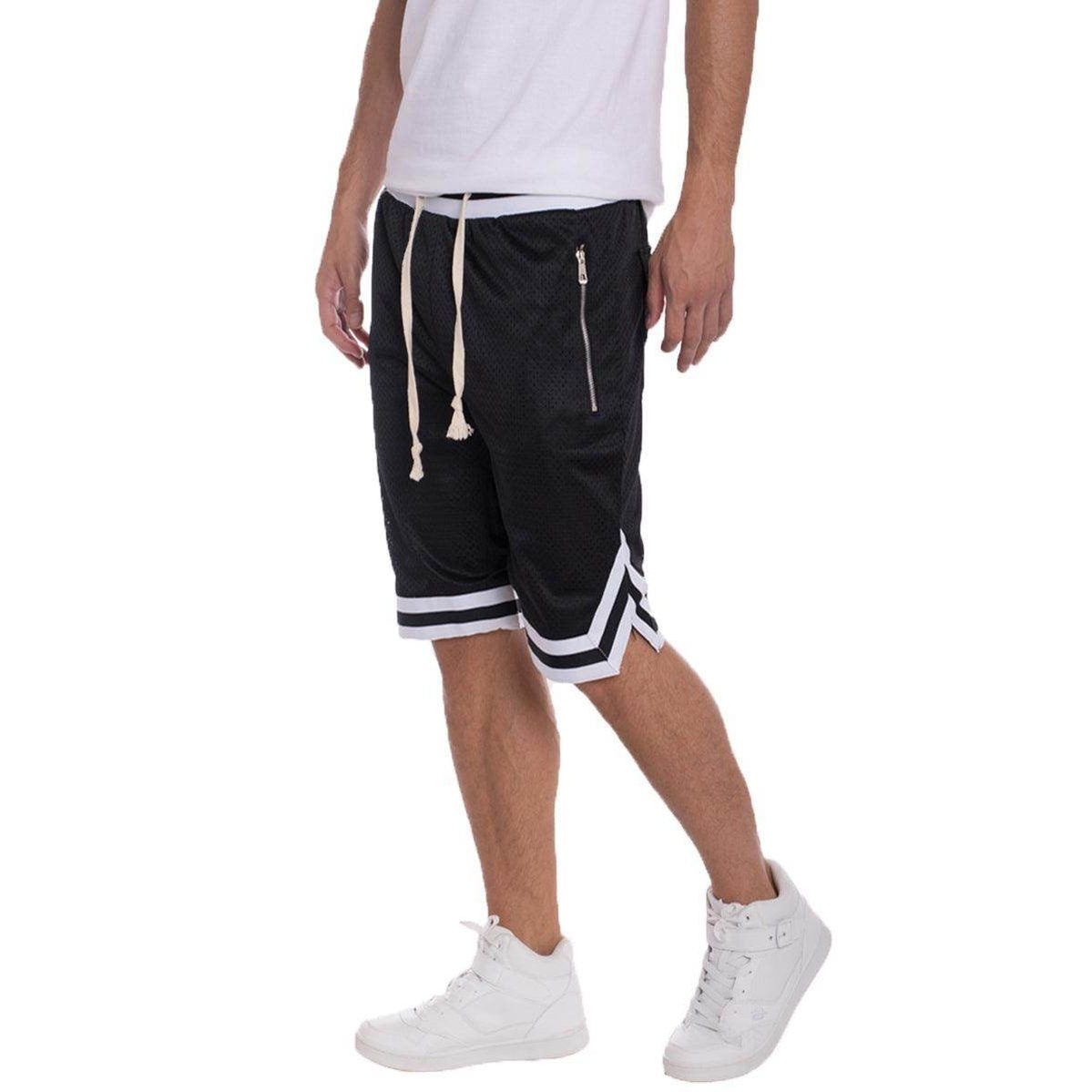 Mens black shorts with white stripes, perfect for pairing with a basketball t-shirt and shorts