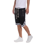 Mens black shorts with white stripes, perfect for pairing with a basketball t-shirt and shorts