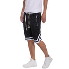 Mens black shorts with white stripes, perfect for pairing with a basketball t-shirt and shorts