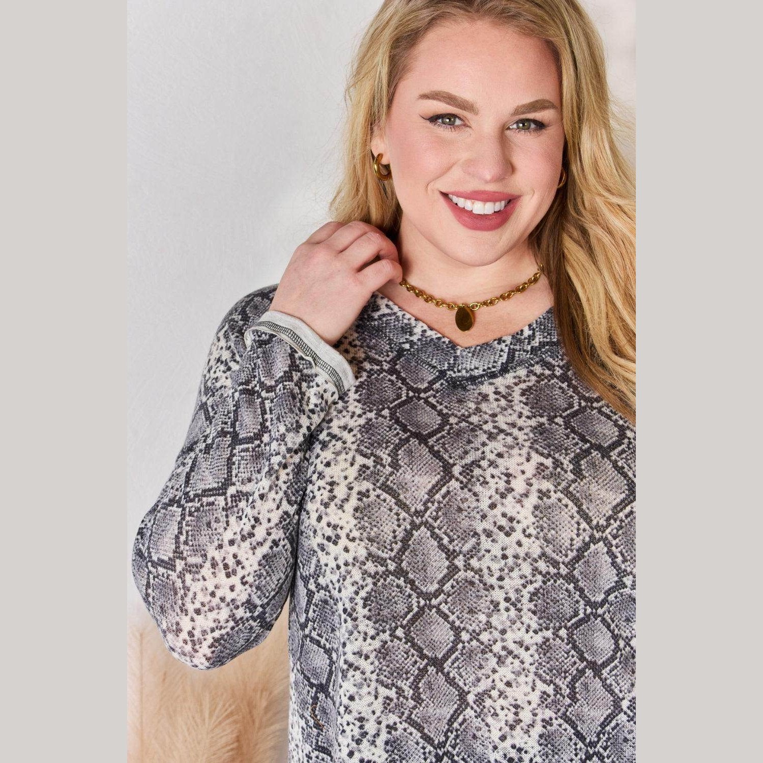 Hailey & Co Full Size Snakeskin V-Neck Long Sleeve Top - VacationGrabs