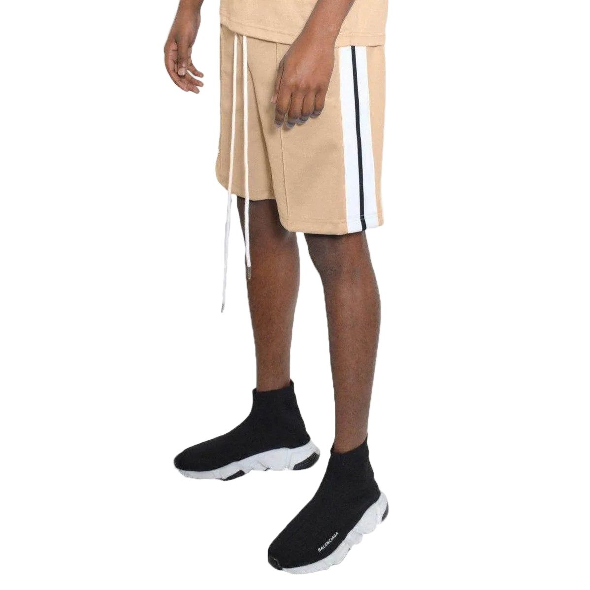 Men's beige tan summer shorts with side stripes and adjustable waistband for a stylish look