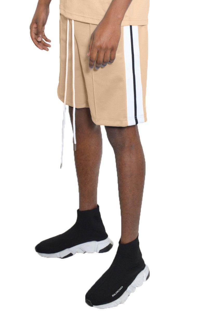 Men's beige tan summer shorts with side stripes and adjustable waistband for a stylish look