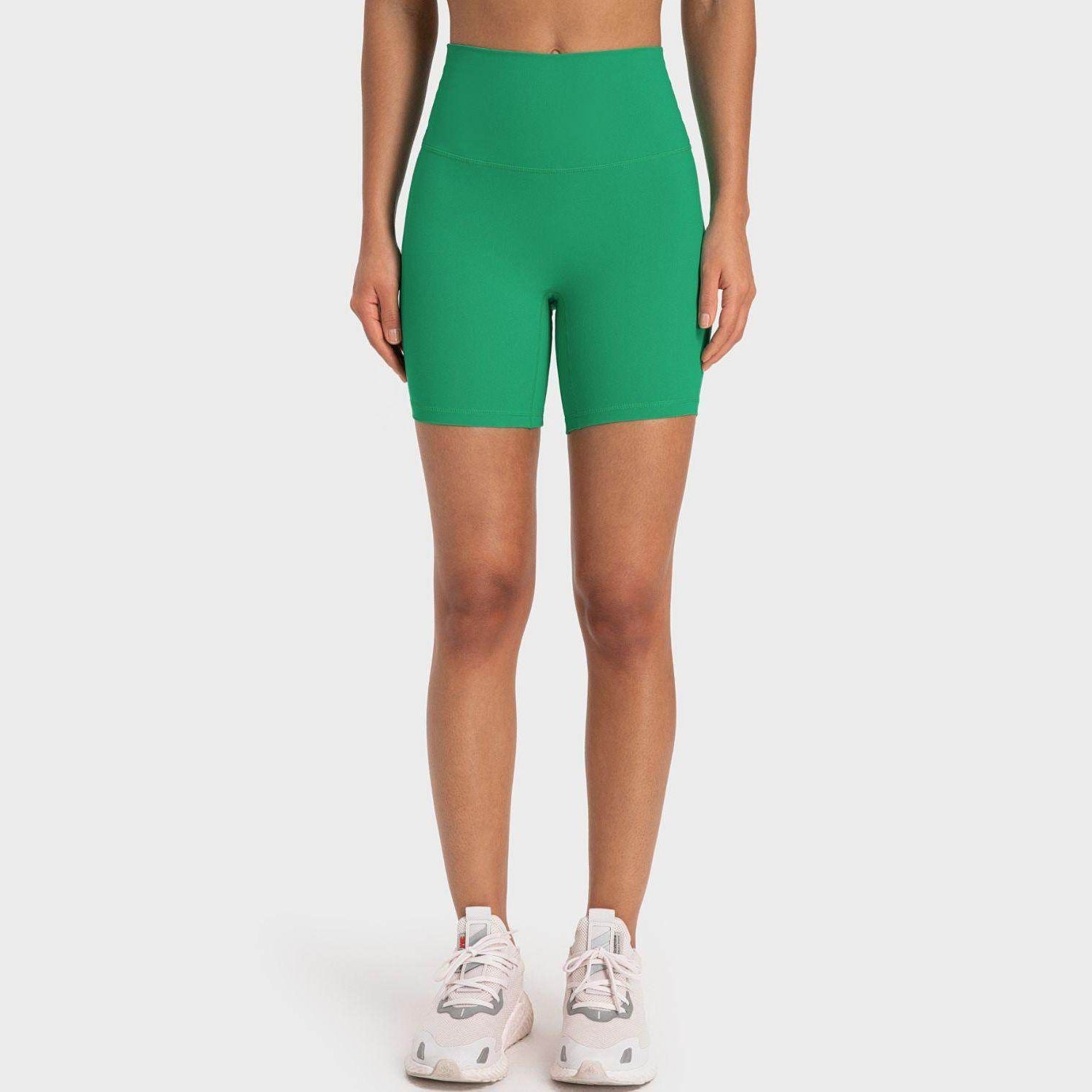 Trendsi high-rise biking shorts in vibrant green for comfortable and stylish workouts