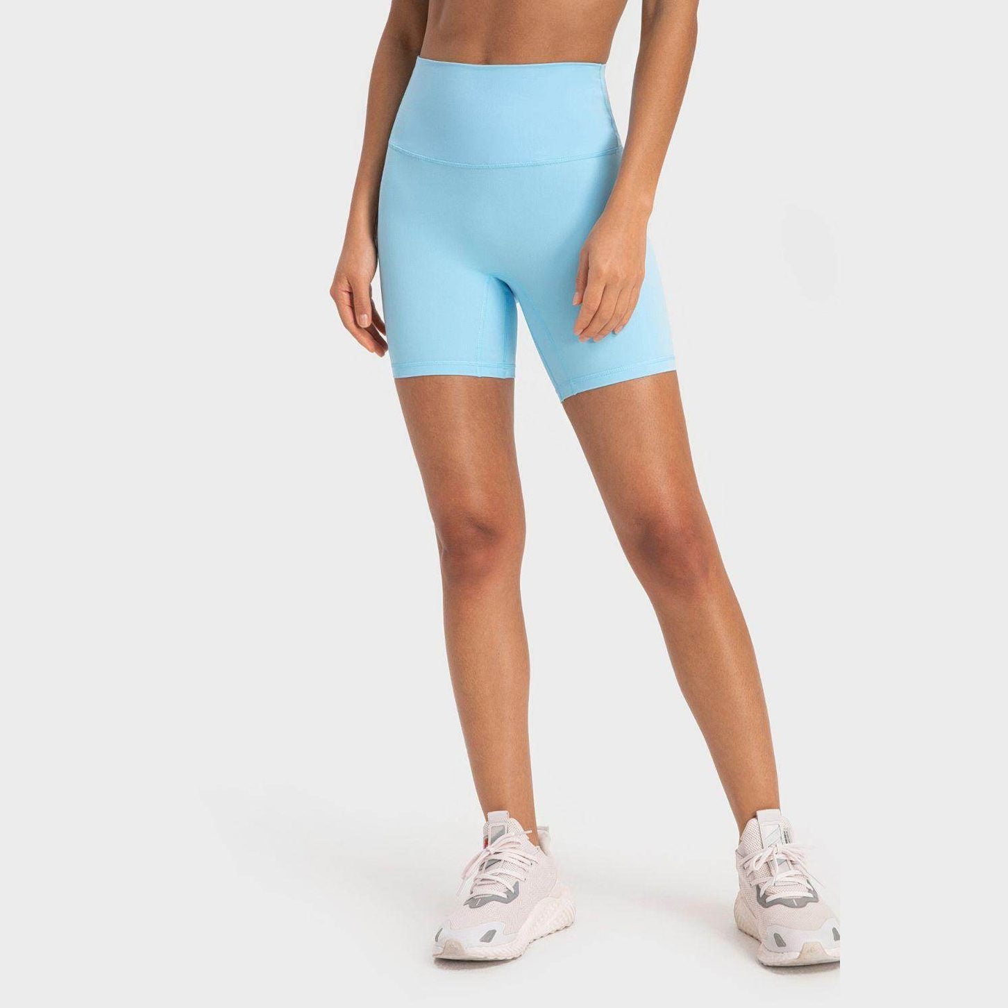 Light blue high-rise biking shorts for women with a comfortable fit and soft material