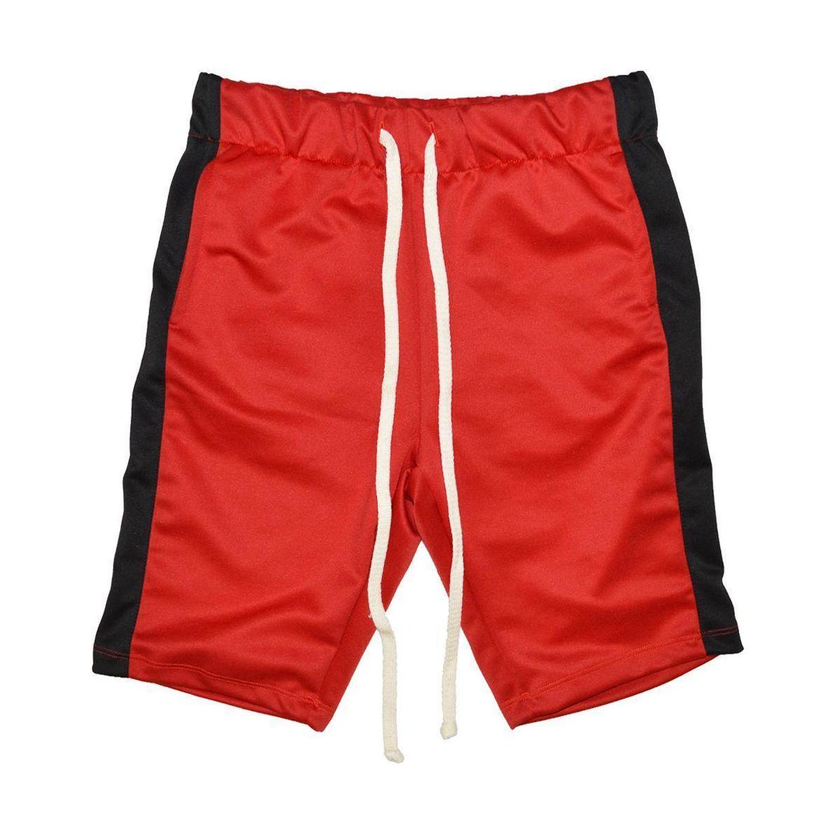 Men's black and red vacation shorts with an elastic waistband and drawstring for comfort
