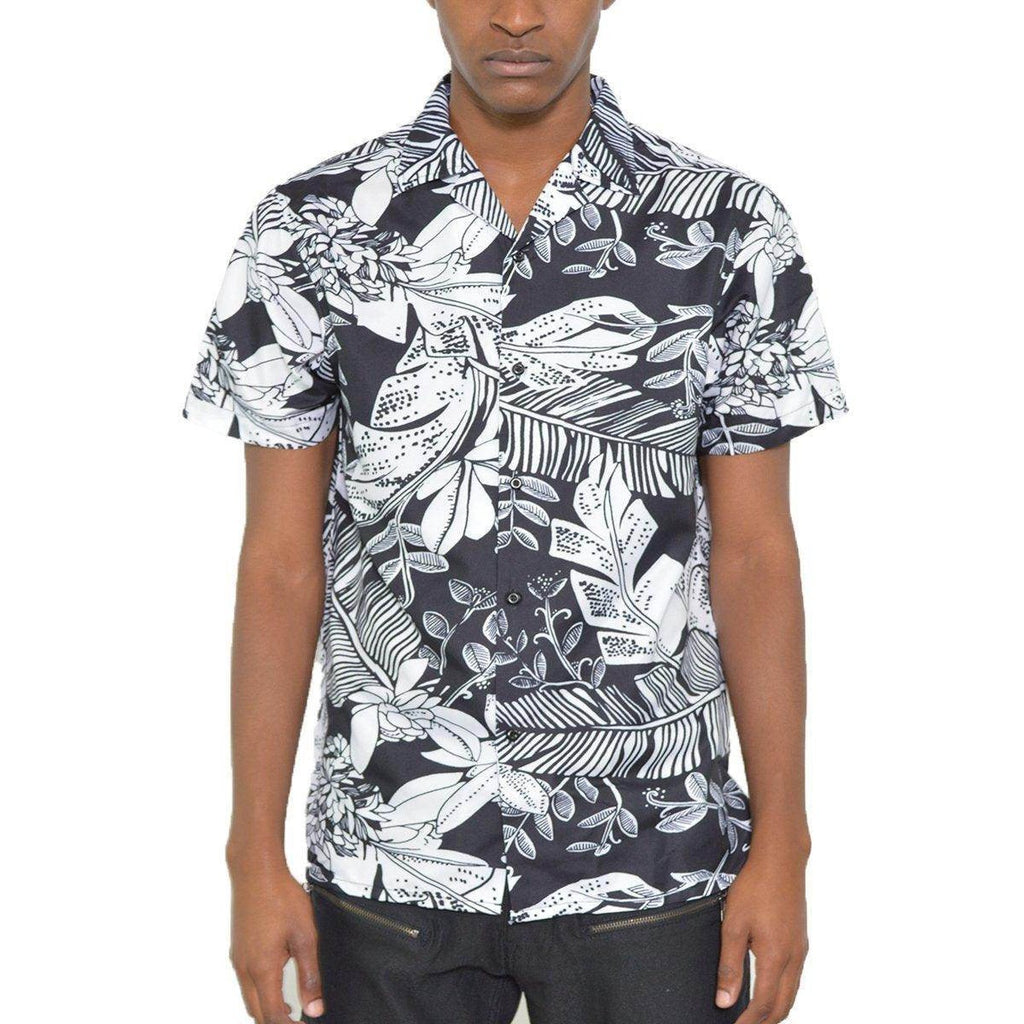 WEIV black and white button down for men featuring a stylish floral print and short sleeves